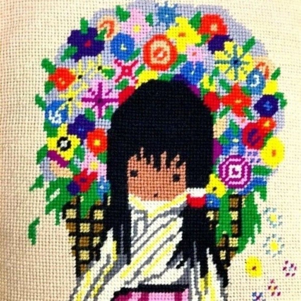 2 Native American Cross Stitch framed art floral vintage - Picture 3 of 6